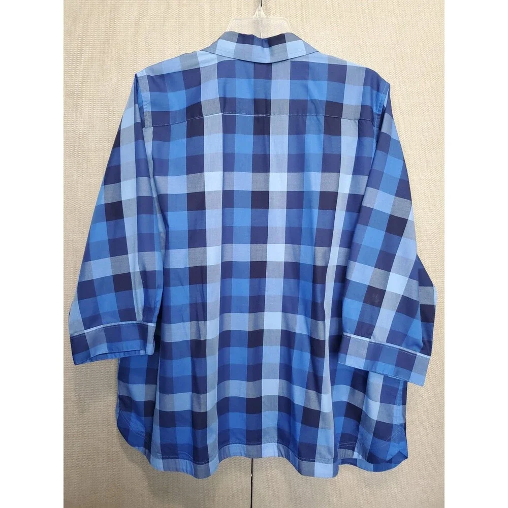 Coldwater Creek Cotton Blend Blue Plaid 3/4 Sleeve Button-Up Tunic Size 1X